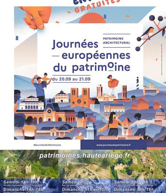 Affiche colorée des Journées européennes du patrimoine 2025 en Haute-Ariège, présentant les dates, lieux et horaires des visites commentées gratuites dans les châteaux de Lordat, Usson et Montréal-de-Sos.