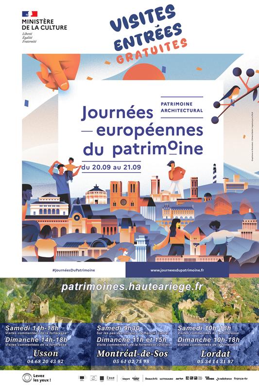 Affiche colorée des Journées européennes du patrimoine 2025 en Haute-Ariège, présentant les dates, lieux et horaires des visites commentées gratuites dans les châteaux de Lordat, Usson et Montréal-de-Sos.