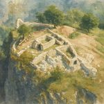 Ruines de la forteresse de Montréal-de-Sos perchées sur une falaise verdoyante, vues en style aquarelle