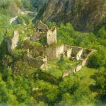 Peinture en aquarelle du château d’Usson, forteresse médiévale en ruine nichée dans une vallée boisée des Pyrénées.