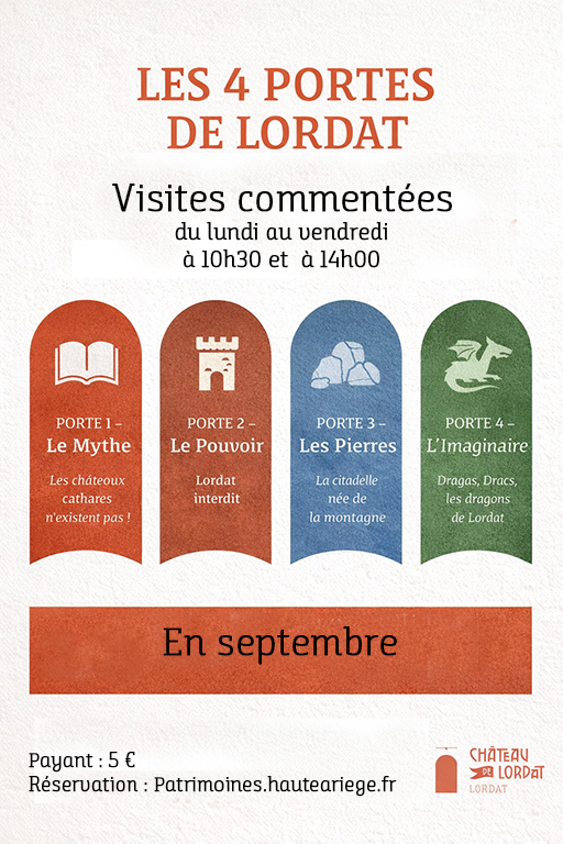 Affiche « Les Portes de Lordat » présentant quatre expériences de visite au château de Lordat.